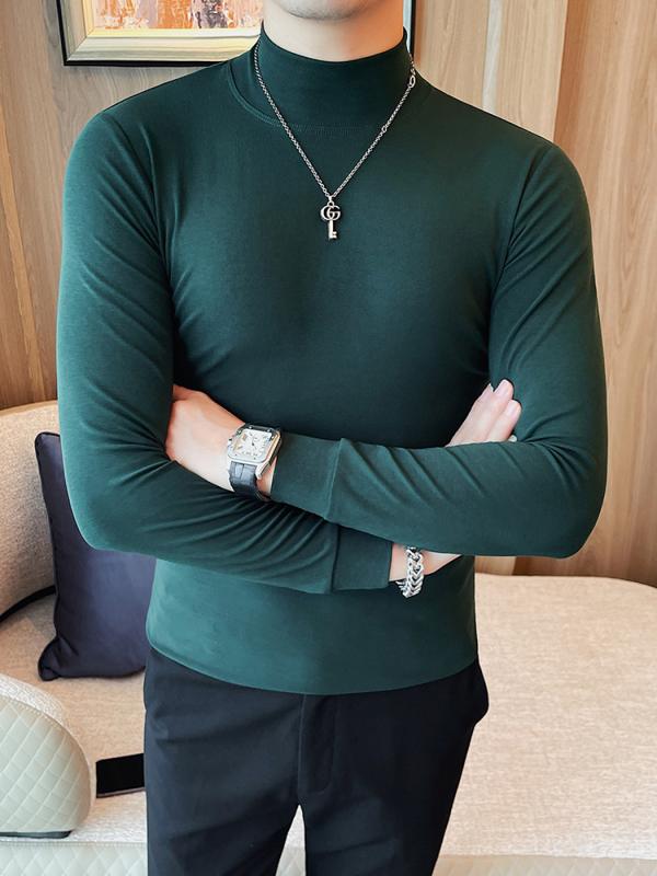 春 コーデ メンズ 服 シンプル ファッション オシャレ 大人 かっこいい 大きいサイズ ストリート 紳士服 ハーフ タートルネック T シャツ 長袖 無地 韓国スタイル スリムフィット ミッド カラー レイヤリング タイト ボディシャツ トップス