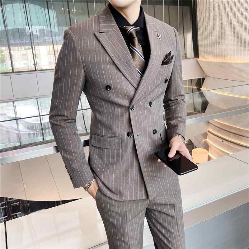 春 コーデ メンズ 服 シンプル ファッション オシャレ 大人 かっこいい 大きいサイズ ストリート 紳士服 ダブルブレスト スーツ 韓国スタイル スリムフィット ビジネス ストライプ