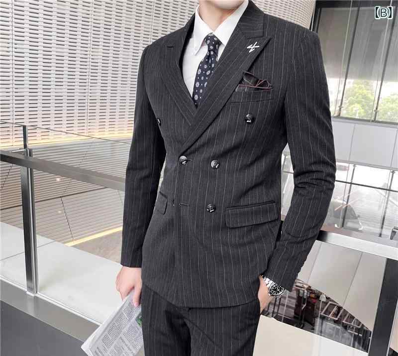 春 コーデ メンズ 服 シンプル ファッション オシャレ 大人 かっこいい 大きいサイズ ストリート 紳士服 ダブルブレスト スーツ 韓国スタイル スリムフィット ビジネス ストライプ 3