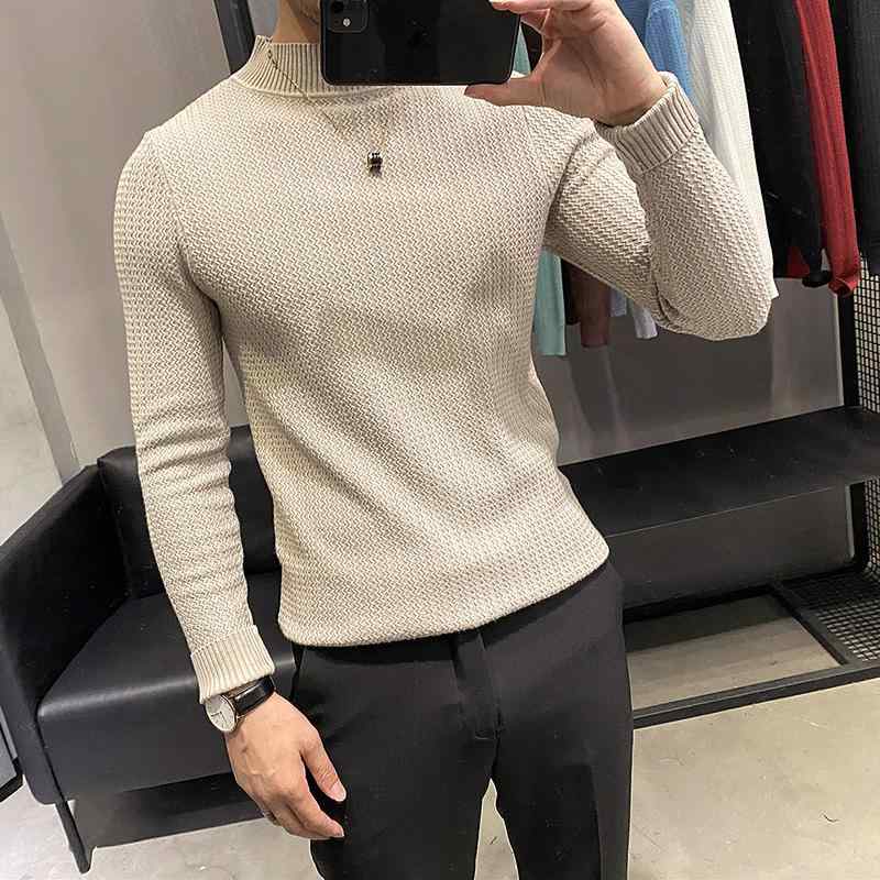 Necked Turtle - 春 コーデ メンズ 服 シンプル ファッション オシャレ 大人 かっこいい 大きいサイズ ストリート 紳士服 ハーフ タートルネックセーター 韓国スタイル スリム ストライプ 長袖 カジュアル ボトム ニット セーター