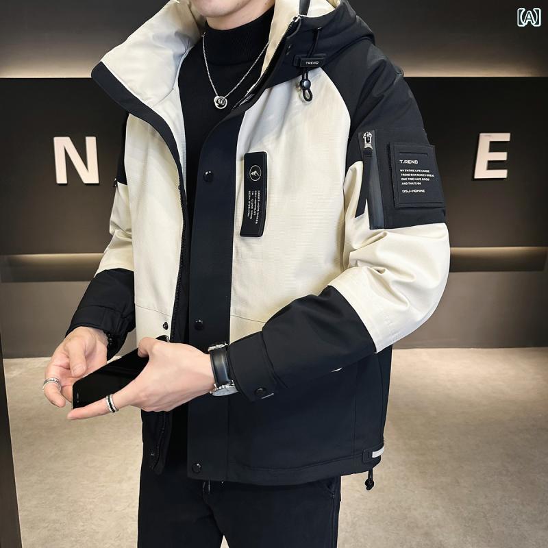 春 コーデ メンズ 服 シンプル ファッション オシャレ 大人 かっこいい 大きいサイズ ストリート 紳士服 90 ホワイトダックダウン フード付き ダウン ジャケット 冬 ライト ハイエンド