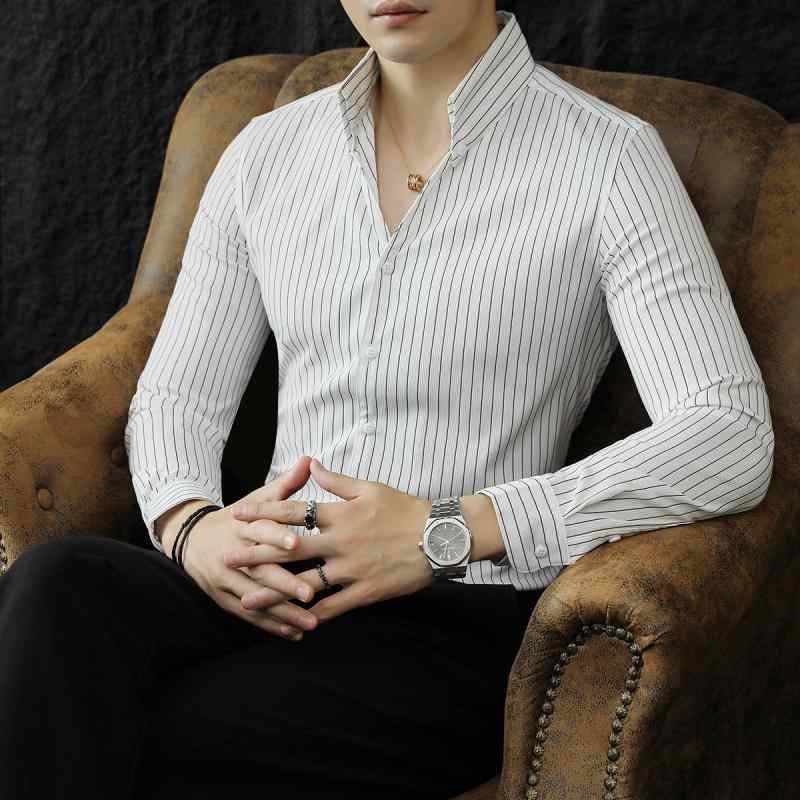 春 コーデ メンズ 服 シンプル ファッション オシャレ 大人 かっこいい 大きいサイズ ストリート 紳士服 スタンドカラー ストライプ シ..