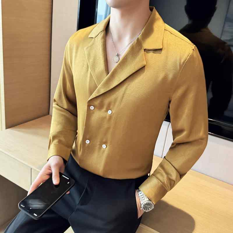 春 コーデ メンズ 服 シンプル ファッション オシャレ 大人 かっこいい 大きいサイズ ストリート 紳士服 ダブルブレスト キューバン カラー サテンシャツ 長袖 ビジネス カジュアル スリム シャツ