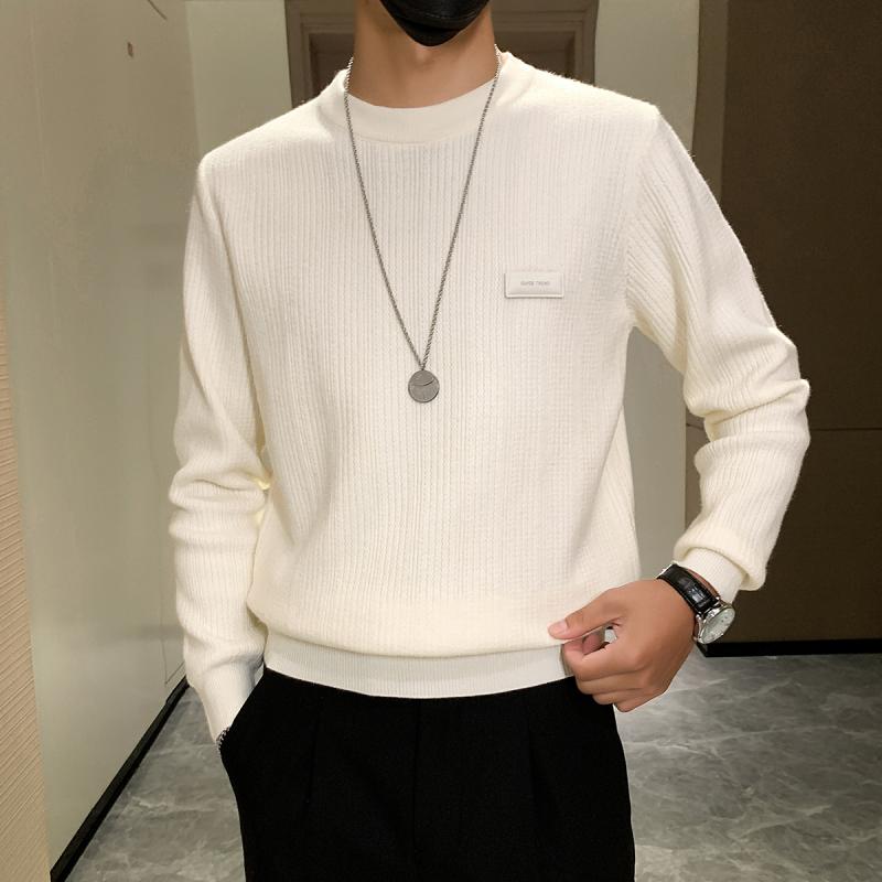 春 コーデ メンズ 服 シンプル ファッション オシャレ 大人 かっこいい 大きいサイズ ストリート 紳士服 ラウンドネック セーター 長袖 ニット レイヤリング シャツ