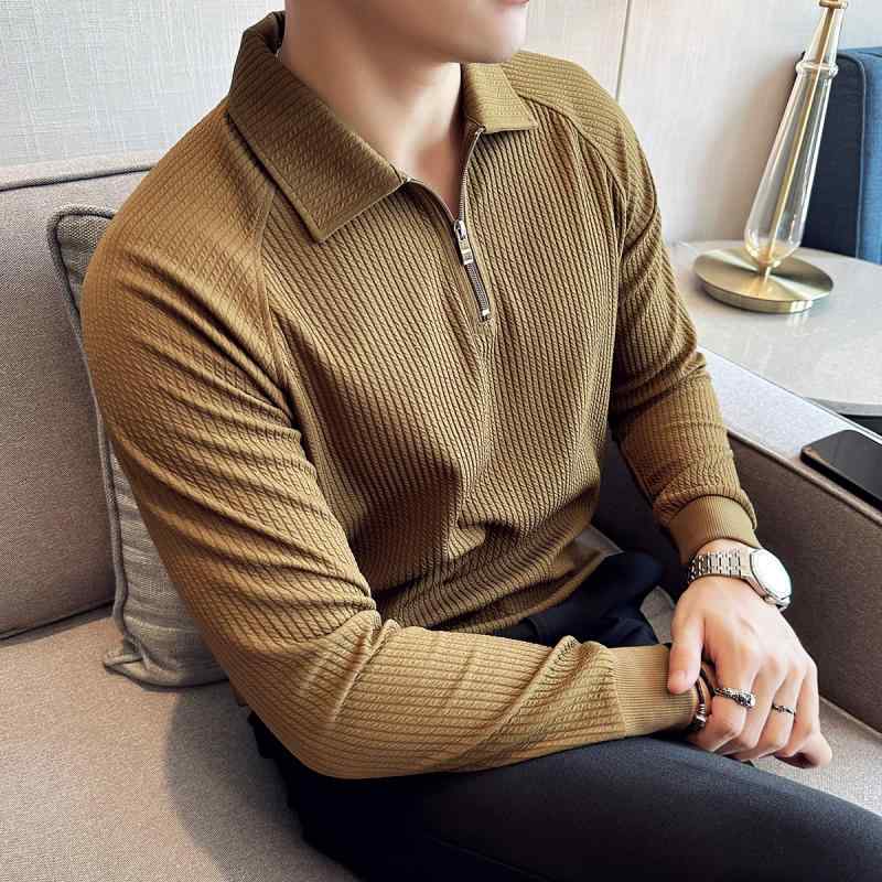 春 コーデ メンズ 服 シンプル ファッション オシャレ 大人 かっこいい 大きいサイズ ストリート 紳士服 シアサッカー ジッパー ポロシャツ 長袖 ハイエンド ストレッチ T シャツ スリム トップス