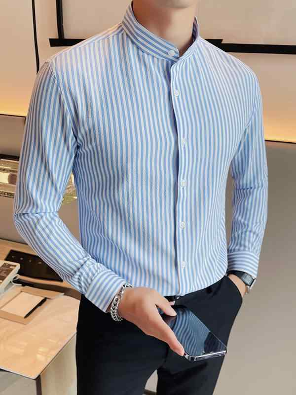 Rakuten - 春 コーデ メンズ 服 シンプル ファッション オシャレ 大人 かっこいい 大きいサイズ ストリート 紳士服 スタンドカラー ストライプ シャツ 長袖 春 ハイエンド スリム ビジネス カジュアル