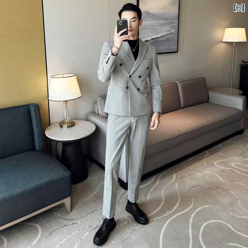 春 コーデ メンズ 服 シンプル ファッション オシャレ 大人 かっこいい 大きいサイズ ストリート 紳士服 ダブルブレスト ストライプ スーツ ハイエンド ビジネス フォーマルスーツ 結婚式