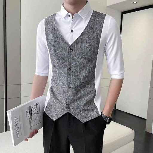 春 コーデ メンズ 服 シンプル ファッション オシャレ 大人 かっこいい 大きいサイズ ストリート 紳士服 フェイク ツーピース カラー ブロック 半袖 シャツ ハイエンド スリムフィット 春 コーデ メンズ 服 シンプル ファッション オシャレ 大人 かっこいい 大きいサイズ ストリート 紳士服 フェイク ツーピース カラー ブロック 半袖 シャツ ハイエンド スリムフィット