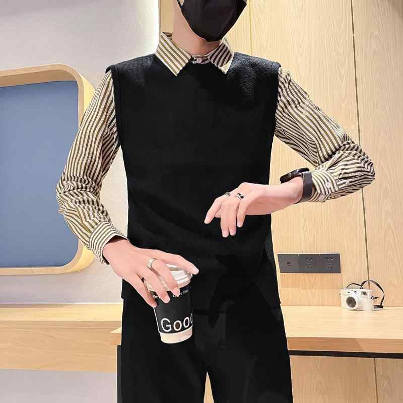 Other Apparel - 春 コーデ メンズ 服 シンプル ファッション オシャレ 大人 かっこいい 大きいサイズ ストリート 紳士服 フェイク ツーピース ストライプ シャツ 襟 セーター 長袖 ニット