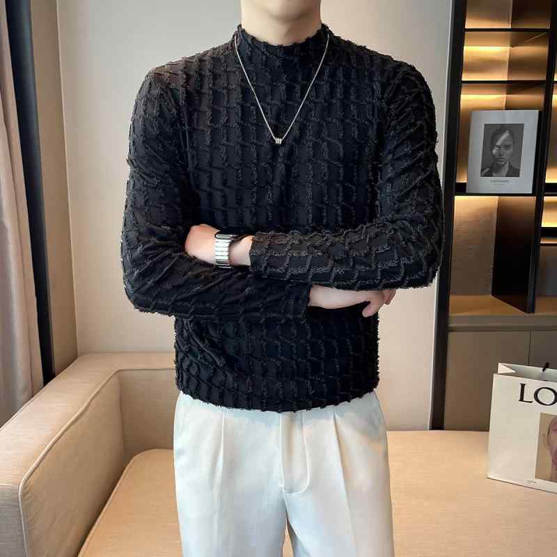 春 コーデ メンズ 服 シンプル ファッション オシャレ 大人 かっこいい 大きいサイズ ストリート 紳士服 ハーフ タートルネック 長袖 T シャツ ハイエンド スリム ミッド カラー