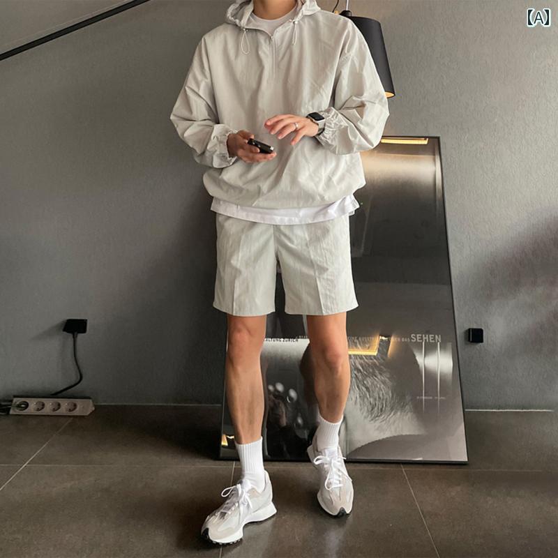 秋冬 コーデ メンズ 用 服 シンプル ファッション オシャレ 大人 かっこいい 大きいサイズ ストリート 紳士服 カジュアル スポーツ スーツ 薄手 韓国スタイル プルオーバー フード付き 日焼け防止 ジャケット 五分丈 パンツ