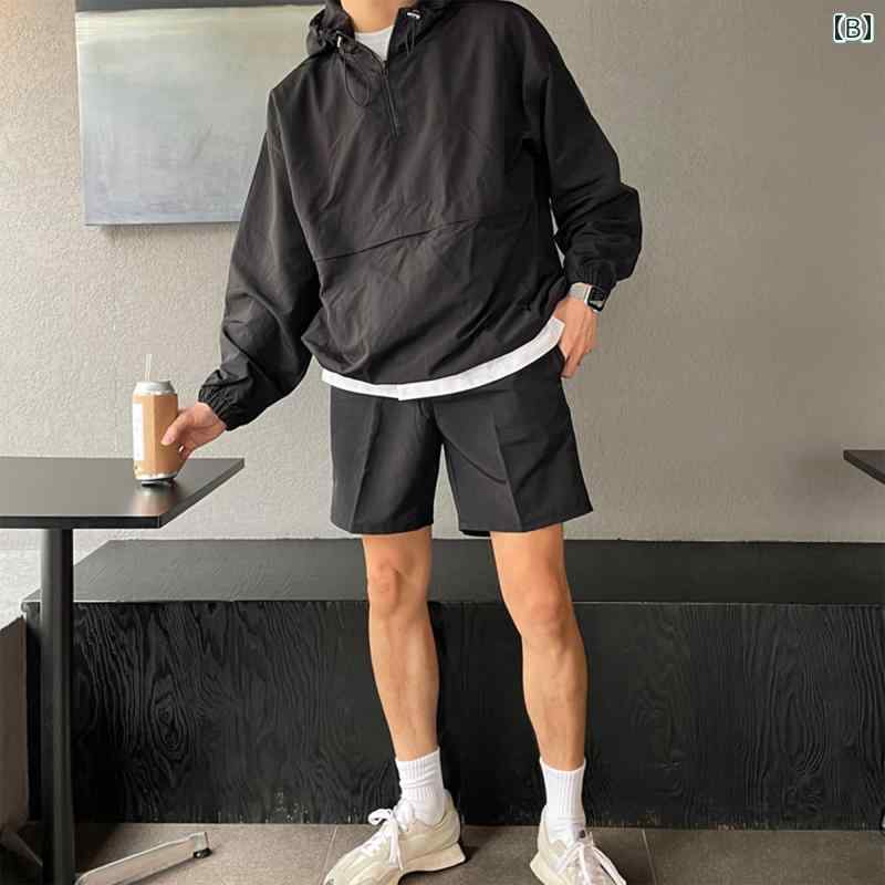 秋冬 コーデ メンズ 用 服 シンプル ファッション オシャレ 大人 かっこいい 大きいサイズ ストリート 紳士服 カジュアル スポーツ スーツ 薄手 韓国スタイル プルオーバー フード付き 日焼け防止 ジャケット 五分丈 パンツ