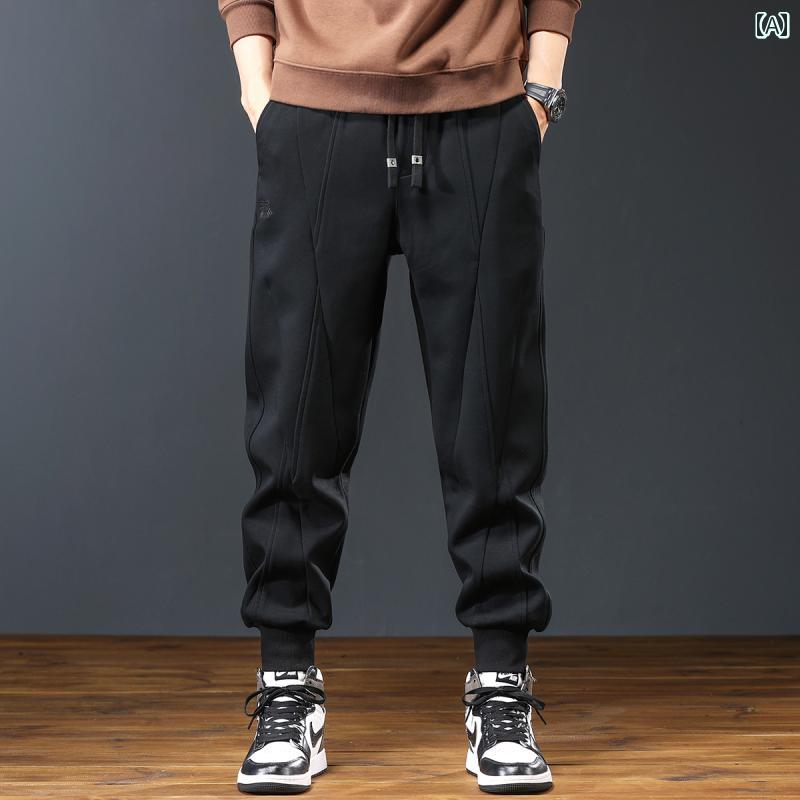 秋冬 コーデ メンズ 用 服 シンプル ファッション オシャレ 大人 かっこいい 大きいサイズ ストリート 紳士服 ハイエンド ヘビー カジュアル パンツ ドローストリング レッグ スウェットパンツ 黒 ニット
