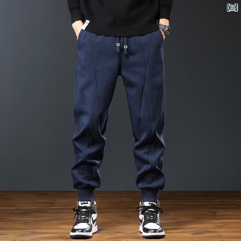 秋冬 コーデ メンズ 用 服 シンプル ファッション オシャレ 大人 かっこいい 大きいサイズ ストリート 紳士服 ハイエンド ヘビー カジュアル パンツ ドローストリング レッグ スウェットパンツ 黒 ニット