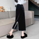 春 コーデ レディース ファッション オシャレ アイテム カワイイ 用 シンプル 大人カワイイ ブラックゴールド スカート レディース ミドル丈 ストレッチ ハイウエスト スリット ビーズ ヒップ カバー ワンステップ ロング スカート