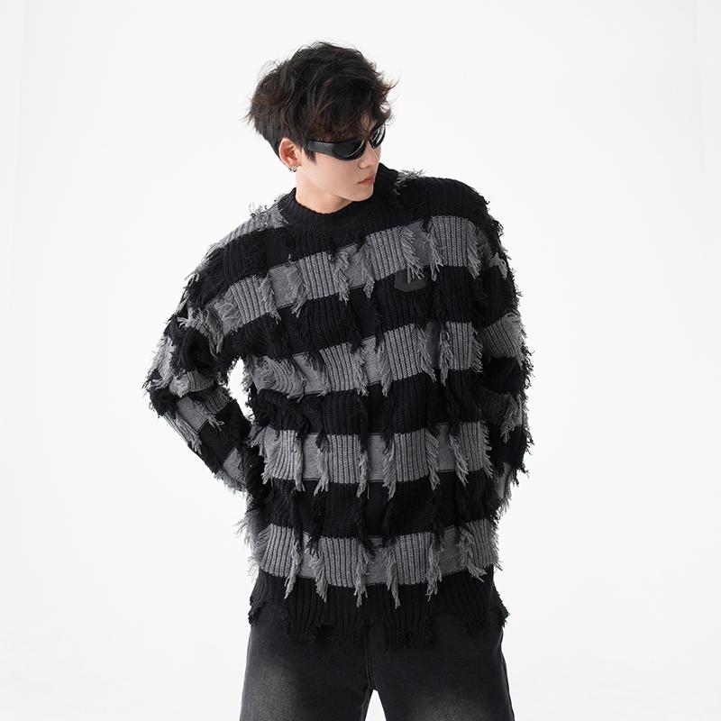 春 コーデ メンズ 用 服 シンプル ファッション オシャレ 大人 かっこいい 大きいサイズ ストリート 紳士服 ストリート リップド タッセル ラウンドネック セーター レディース オーバーサイズ カップル ウェア ニット(4.0)