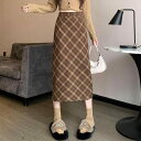 春 コーデ レディース ファッション オシャレ アイテム カワイイ 用 シンプル 大人カワイイ レトロ チェック柄 ウール スカート ハイウエスト スリム ストレート スリット Aライン ヒップ カバー ロング