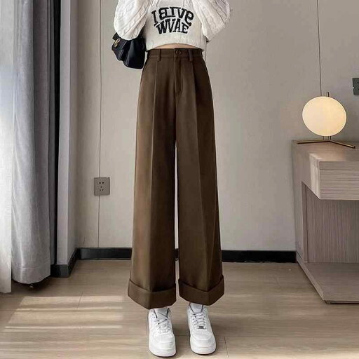 春 コーデ レディース ファッション オシャレ アイテム カワイイ 用 シンプル 大人カワイイ ブラウン ウール スーツ パンツ ハイエンド ドレープ ワイド 裾 カジュアル ストレート 春 コーデ レディース ファッション オシャレ アイテム カワイイ 用 シンプル 大人カワイイ ブラウン ウール スーツ パンツ ハイエンド ドレープ ワイド 裾 カジュアル ストレート