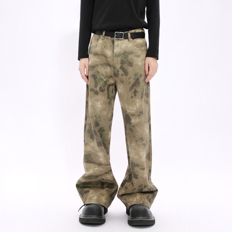 春 コーデ メンズ 用 服 シンプル ファッション オシャレ 大人 かっこいい 大きいサイズ ストリート 紳士服 韓国スタイル スタッズ 裾 迷彩 ジーンズ 男女兼用 ミドル丈 ワイド レッグ パンツ