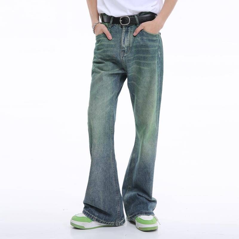 春 コーデ メンズ 用 服 シンプル ファッション オシャレ 大人 かっこいい 大きいサイズ ストリート 紳士服 レトロ スプレーペイント ブルー グリーン ブーツ カット ジーンズ クリーン フィット パンツ 男女兼用