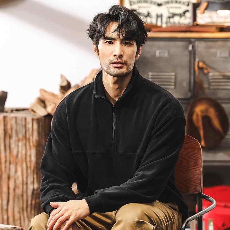春 コーデ メンズ 用 服 シンプル ファッション オシャレ 大人 かっこいい 大きいサイズ ストリート 紳士服 アメリカン レトロ ヘビー スウェット シャツ ハーフ ジップ フリース ジャケット(4)