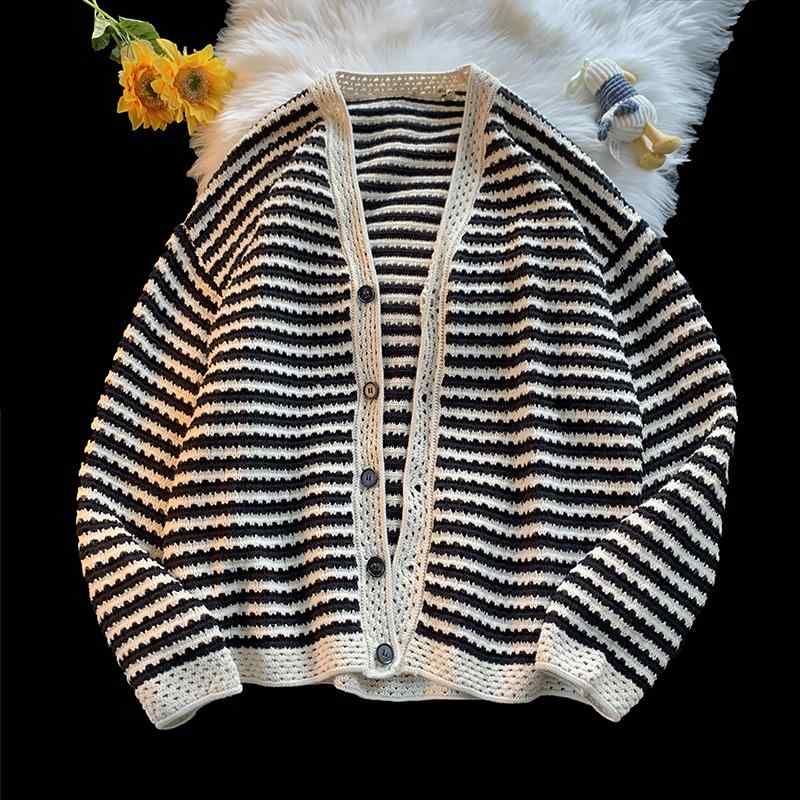 春 コーデ メンズ 用 服 シンプル ファッション オシャレ 大人 かっこいい 大きいサイズ ストリート 紳士服 ストライプ Vネックカーディガン セーター カジュアル ジャケット(4)