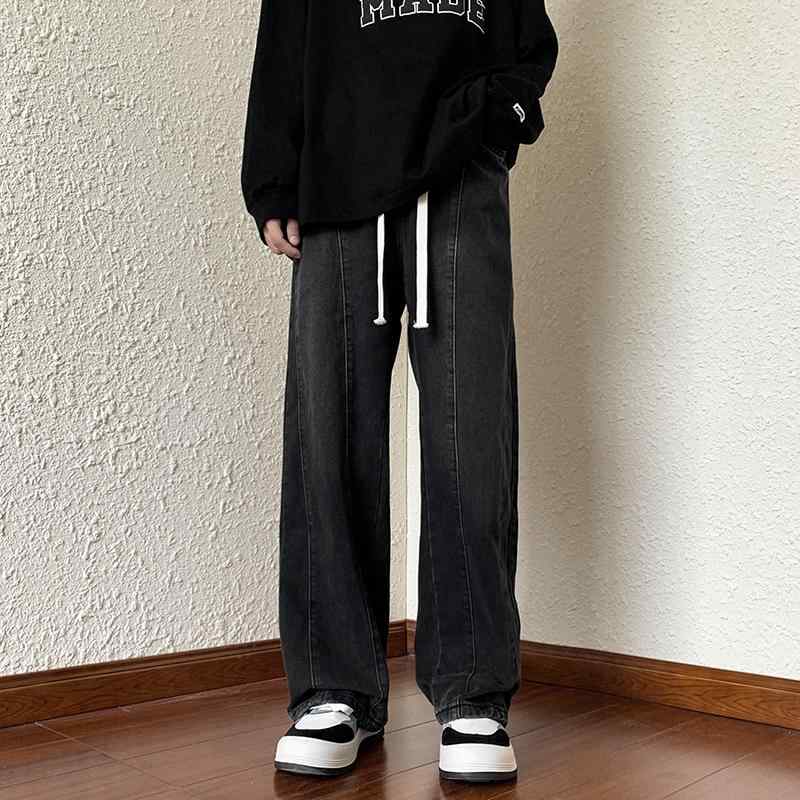 Pants - 春 コーデ メンズ 用 服 シンプル ファッション オシャレ 大人 かっこいい 大きいサイズ ストリート 紳士服 レトロ ダメージ加工 ドローストリング ジーンズ ストレート ワイド レッグ フロア レングス パンツ