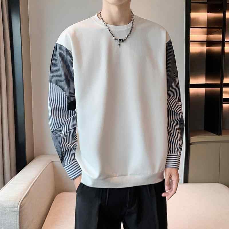 春 コーデ メンズ 用 服 シンプル ファッション オシャレ 大人 かっこいい 大きいサイズ ストリート 紳士服 フェイク ツーピース スウェット シャツ オーバーサイズ ストライプ カジュアル トップス レイヤリング シャツ