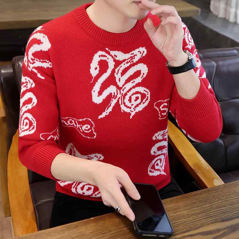 春 コーデ メンズ 用 服 シンプル ファッション オシャレ 大人 かっこいい 大きいサイズ ストリート 紳士服 赤 セーター お祭り 厚手 暖かい 蛇(4)