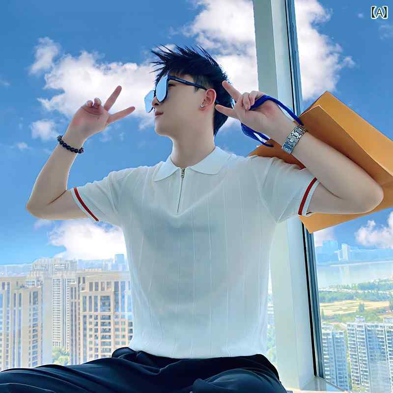 春 コーデ メンズ 用 服 シンプル ファッション オシャレ 大人 かっこいい 大きいサイズ ストリート 紳士服 ハーフ ジップ ポロ カラー 半袖 セーター インナー シャツ トップス