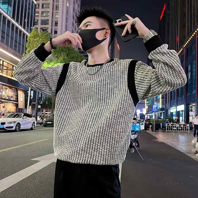 春 コーデ メンズ 用 服 シンプル ファッション オシャレ 大人 かっこいい 大きいサイズ ストリート 紳士服 スノーフレーク セーター ヘビー 長袖 T シャツ プルオーバー ジャケット