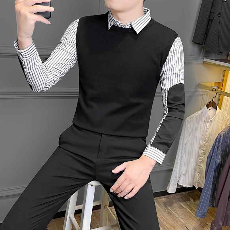 春 コーデ メンズ 用 服 シンプル ファッション オシャレ 大人 かっこいい 大きいサイズ ストリート 紳士服 ストライプ シャツ フェイク ツーピース セーター 韓国スタイル スリム ニット レイヤリング
