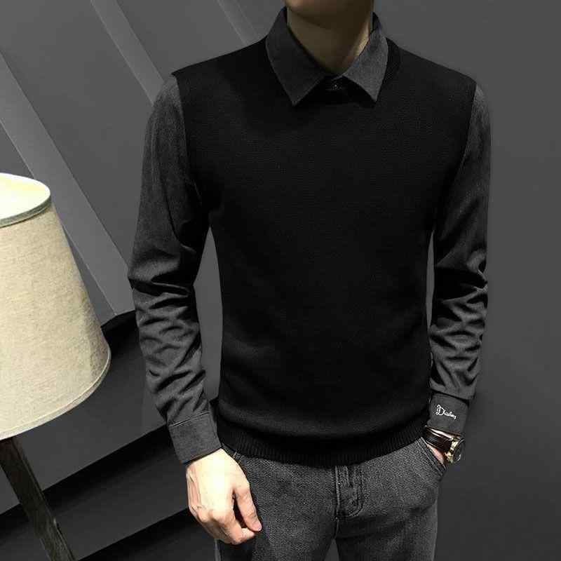 春 コーデ メンズ 用 服 シンプル ファッション オシャレ 大人 かっこいい 大きいサイズ ストリート 紳士服 ハイエンド フェイク ツーピース シャツ スリム ニット ビジネス カラー