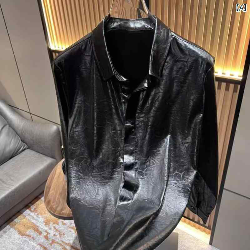 春 コーデ メンズ 用 服 シンプル ファッション オシャレ 大人 かっこいい 大きいサイズ ストリート 紳士服 アセテート 生地 長袖 シャツ 韓国スタイル メタリックブラック トップス
