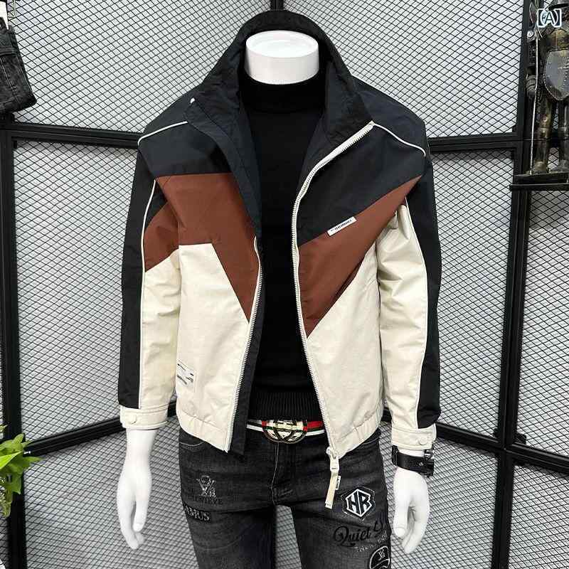 春 コーデ メンズ 用 服 シンプル ファッション オシャレ 大人 かっこいい 大きいサイズ ストリート 紳士服 カラー ブロック スタンドカラー ジャケット カジュアル ジッパー スリム