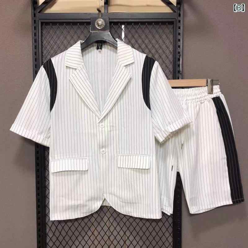 春 コーデ メンズ 用 服 シンプル ファッション オシャレ 大人 かっこいい 大きいサイズ ストリート 紳士服 薄手 半袖 ストライプ スーツ 韓国スタイル パンツ ツーピース