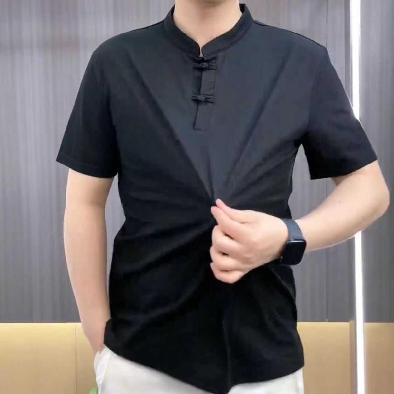 春 コーデ メンズ 用 服 シンプル ファッション オシャレ 大人 かっこいい 大きいサイズ ストリート 紳士服 半袖 シャツ カジュアル 無地 プレート ボタン スタンドカラー T 薄手 アンティーク トップス