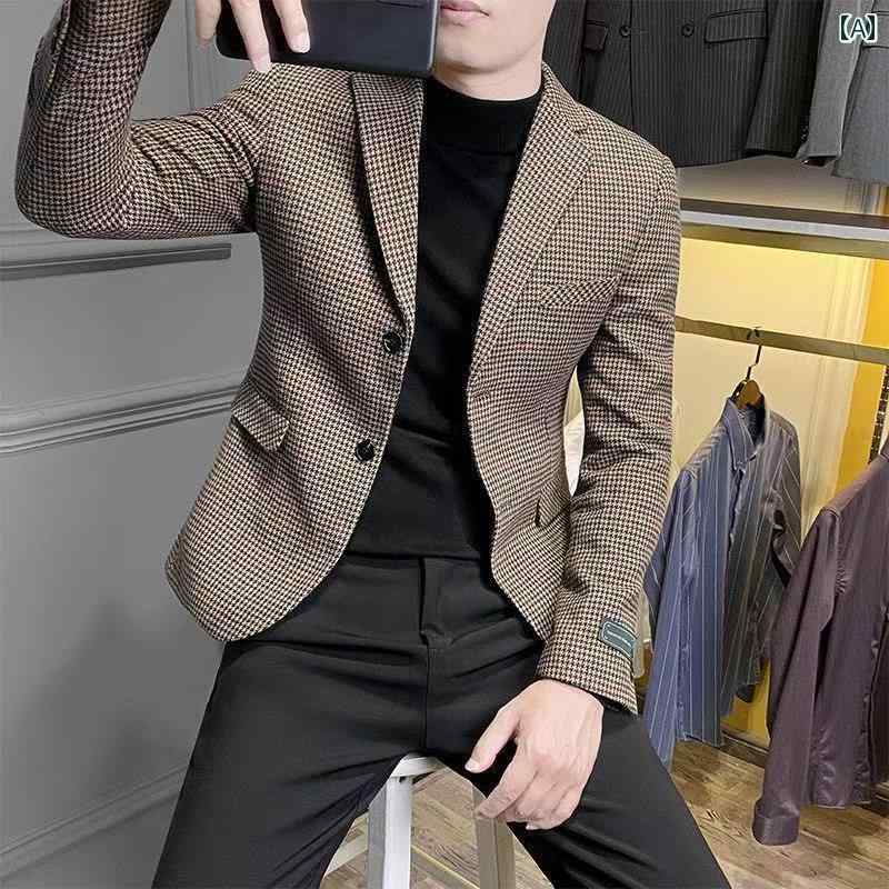 春 コーデ メンズ 用 服 シンプル ファッション オシャレ 大人 かっこいい 大きいサイズ ストリート 紳士服 スーツ ジャケット 韓国スタイル カジュアル ロング スリムフィット チェック柄 ウール スーツ