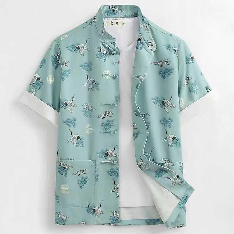 春 コーデ メンズ 用 服 シンプル ファッション オシャレ 大人 かっこいい 大きいサイズ ストリート 紳士服 唐装 プリント 半袖 ジャケット レトロ ボタン トップス