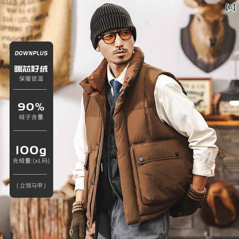 春 コーデ メンズ 用 服 シンプル ファッション オシャレ 大人 かっこいい 大きいサイズ ストリート 紳士服 アメリカン レトロ ライト ワークウェア ダウン ベスト アウター 防寒 暖かい ジャケット