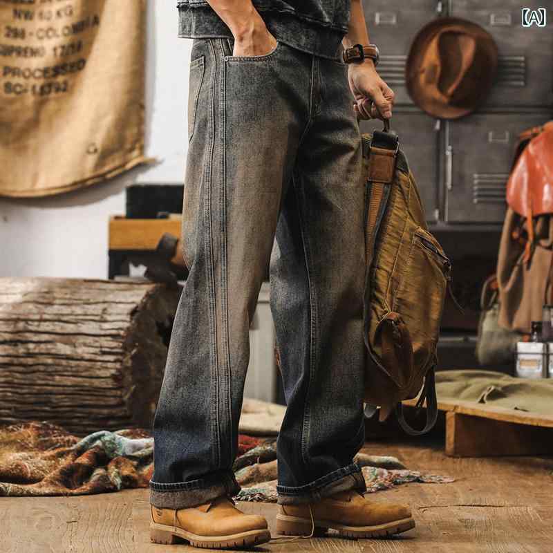 春 コーデ メンズ 用 服 シンプル ファッション オシャレ 大人 かっこいい 大きいサイズ ストリート 紳士服 アメリカン レトロ イエロー ウォッシュ ジーンズ ストレート レッグウェイストランド ワイド カジュアル パンツ