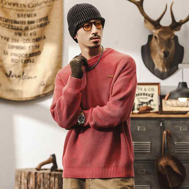 春 コーデ メンズ 用 服 シンプル ファッション オシャレ 大人 かっこいい 大きいサイズ ストリート 紳士服 アメリカン レトロ ヘビー コーラルレッド セーター シンプル