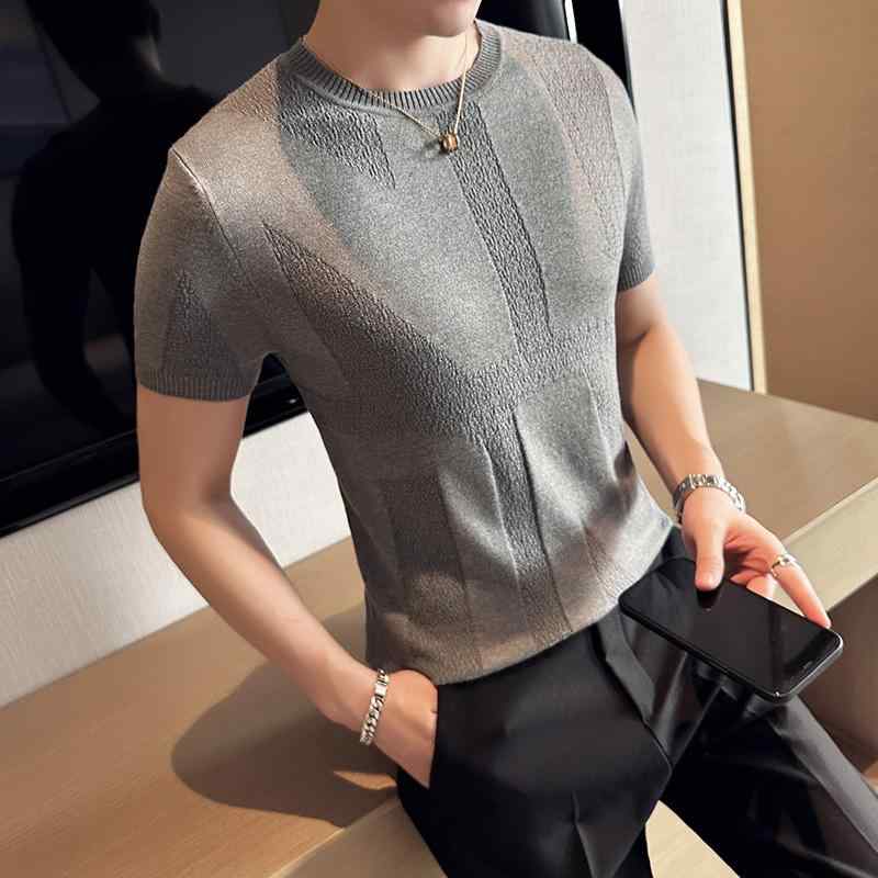 春 コーデ メンズ 用 服 シンプル ファッション オシャレ 大人 かっこいい 大きいサイズ ストリート 紳士服 ハイエンド ラウンドネック セーター スリムフィット ニット 半袖 T シャツ インナー レイヤー ベース