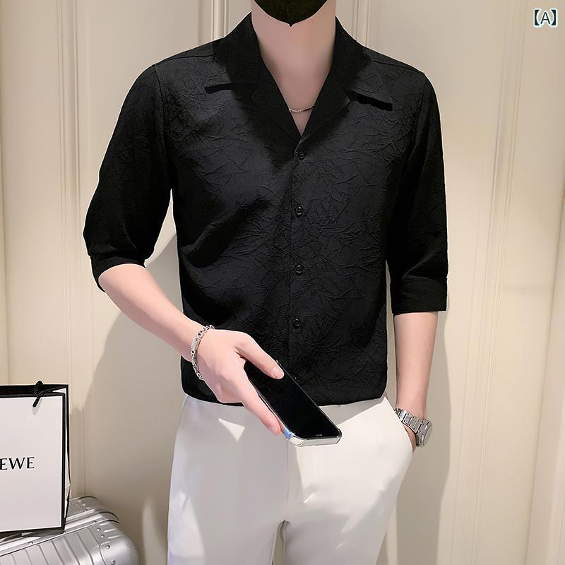 春 コーデ メンズ 用 服 シンプル ファッション オシャレ 大人 かっこいい 大きいサイズ ストリート 紳士服 半袖 シャツ スリムフィット 七分袖 カジュアル 伸縮性 ストレッチ ストレッチ ハイエンド ビジネス