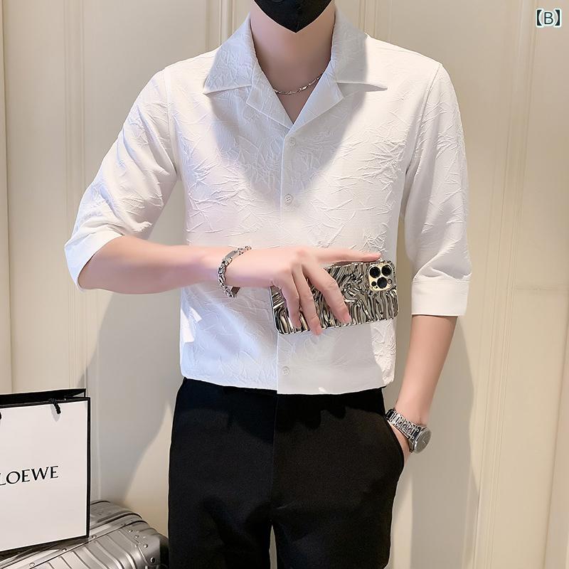 春 コーデ メンズ 用 服 シンプル ファッション オシャレ 大人 かっこいい 大きいサイズ ストリート 紳士服 半袖 シャツ スリムフィット 七分袖 カジュアル 伸縮性 ストレッチ ストレッチ ハイエンド ビジネス