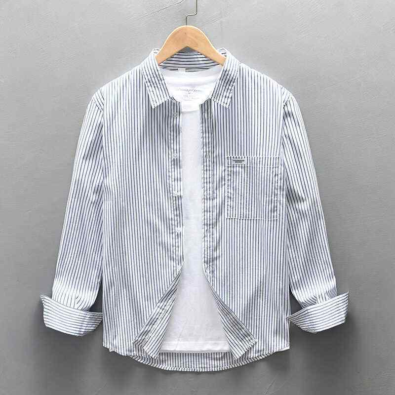 春 コーデ メンズ 用 服 シンプル ファッション オシャレ 大人 かっこいい 大きいサイズ ストリート 紳士服 アメカジ 長袖 青 白 ストライプ シャツ 薄手 ゆったり コットン ジャケット