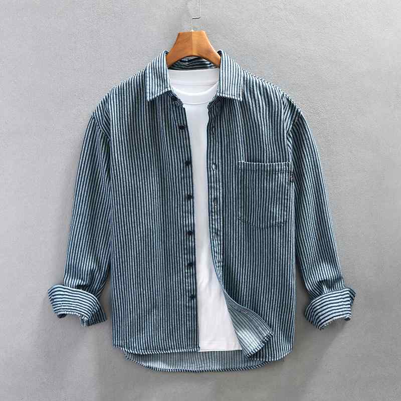 春 コーデ メンズ 用 服 シンプル ファッション オシャレ 大人 かっこいい 大きいサイズ ストリート 紳士服 アメリカン レトロ ヘビー デニム ストライプ シャツ タフ クリーン フィット カジュアル ワーク シャツ ジャケット