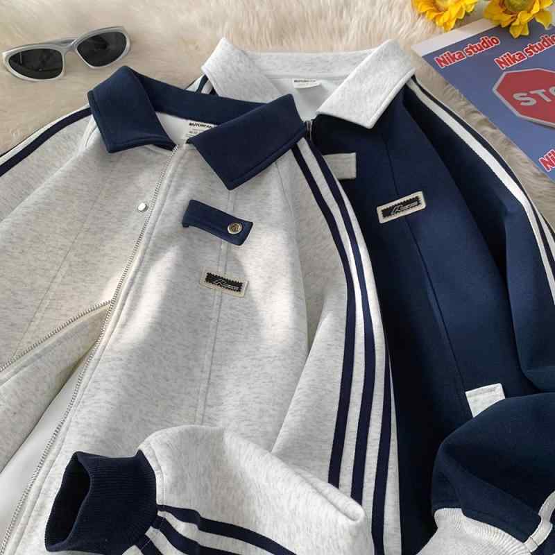 春 コーデ メンズ 用 服 シンプル ファッション オシャレ 大人 かっこいい 大きいサイズ ストリート 紳士服 アメリカン コントラスト ストライプ カーディガン スウェット シャツ ストリート カレッジ ジャケット