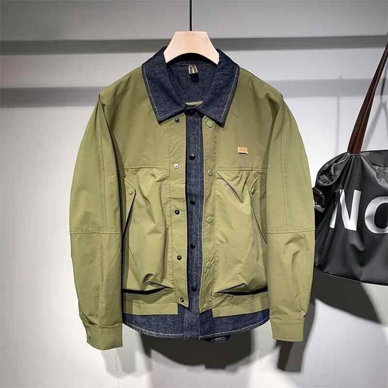 春 コーデ メンズ 用 服 シンプル ファッション オシャレ 大人 かっこいい 大きいサイズ ストリート 紳士服 フェイク ツーピース カラー ブロック デニム ジャケット パッド ビッグポケット ボタン ジャケット