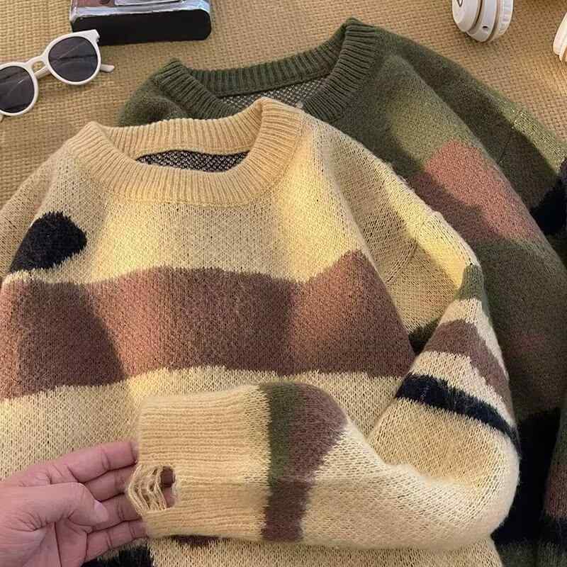 春 コーデ メンズ 用 服 シンプル ファッション オシャレ 大人 かっこいい 大きいサイズ ストリート 紳士服 アメリカン レトロ 迷彩 カラー ホール セーター ヴィンテージ プルオーバー(4)